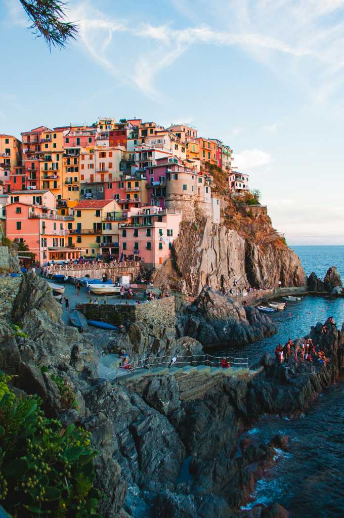 The Cliffs of Cinque Terre in Manarola, Italy - Colorful houses built on a cliff overlooking the water.